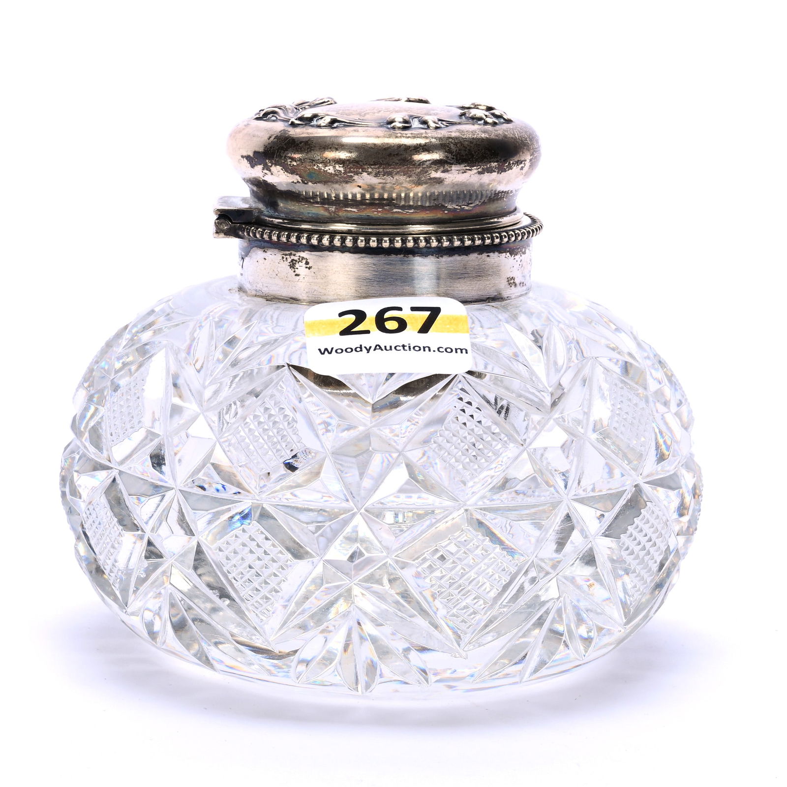 Ink Well/Paper Weight, American Brilliant Cut Glass: Ink Well/Paper Weight, American Brilliant Cut Glass, 3.25 x 3.5 x 3.5 Inches, Crosscutting, Kite, Geometric, And Fan Motif, Sterling Silver Flip Lid, Ray Cut Base, 2 Pounds, Colorado Private Collectio