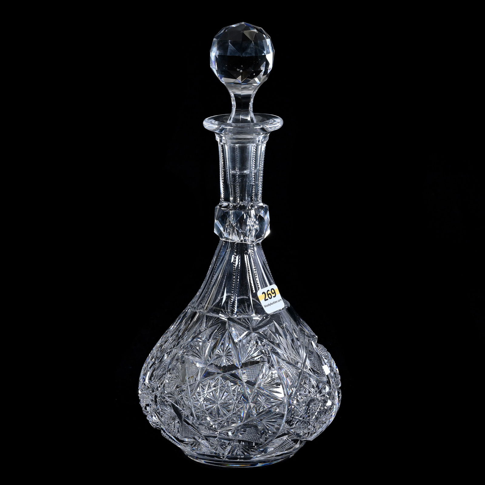 Decanter, American Brilliant Cut Glass, Plymouth Pattern By Meriden: Decanter, American Brilliant Cut Glass, Plymouth Pattern By Meriden, 12 x 5.75 x 5.75 Inches, Facet Cut Ring Neck, Ray Cut Base, Nick On Stopper Plug, 4 Pounds, Colorado Private Collection.
