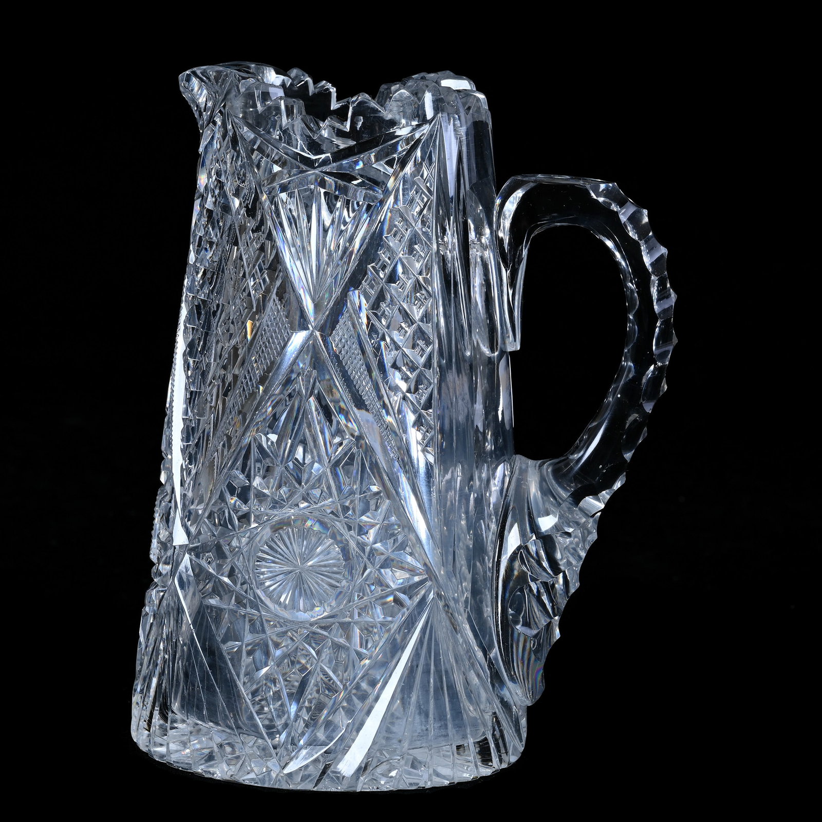 Milk Pitcher, American Brilliant Cut Glass, Hobstar, Crosscut Diamond, Crosscutting, And Fan Motif: Milk Pitcher, American Brilliant Cut Glass, Hobstar, Crosscut Diamond, Crosscutting, And Fan Motif, 6.5 x 4.75 x 3.5 Inches, Triple Notched Handle, Hobstar Base, Some Pattern Chips, 3 Pounds, Colorado