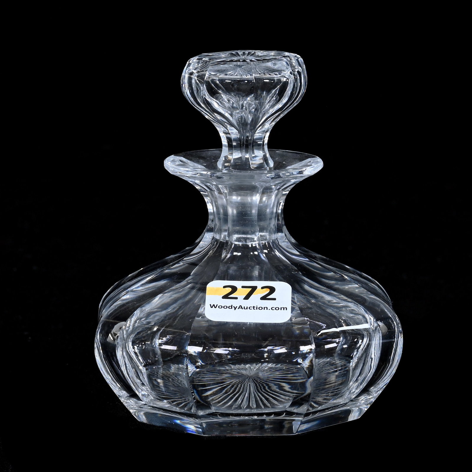 Perfume Bottle, American Brilliant Cut Glass, Flute Pattern: Perfume Bottle, American Brilliant Cut Glass, Flute Pattern, 4 x 3.5 x 3.5 Inches, Pattern Cut Stopper, Ray Cut Base, Clear Blank, 1 Pound, Colorado Private Collection.