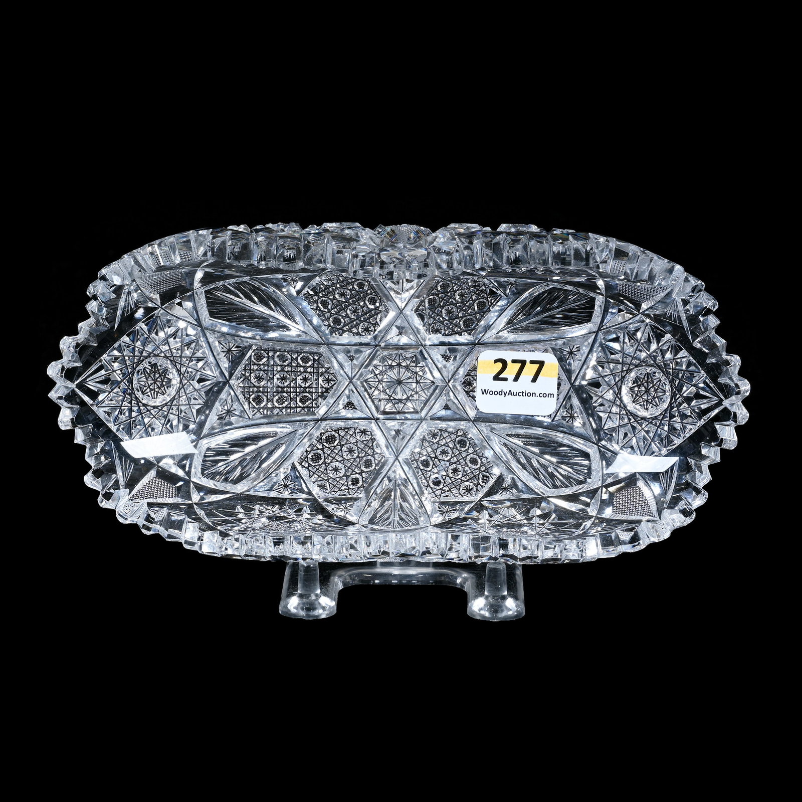 Relish Tray, American Brilliant Cut Glass: Relish Tray, American Brilliant Cut Glass, 2 x 7.5 x 3.75 Inches, Six Alternating Sections Of Hobstar, Cane, Vesica, And Feather Motif, 2 Pounds, Colorado Private Collection.