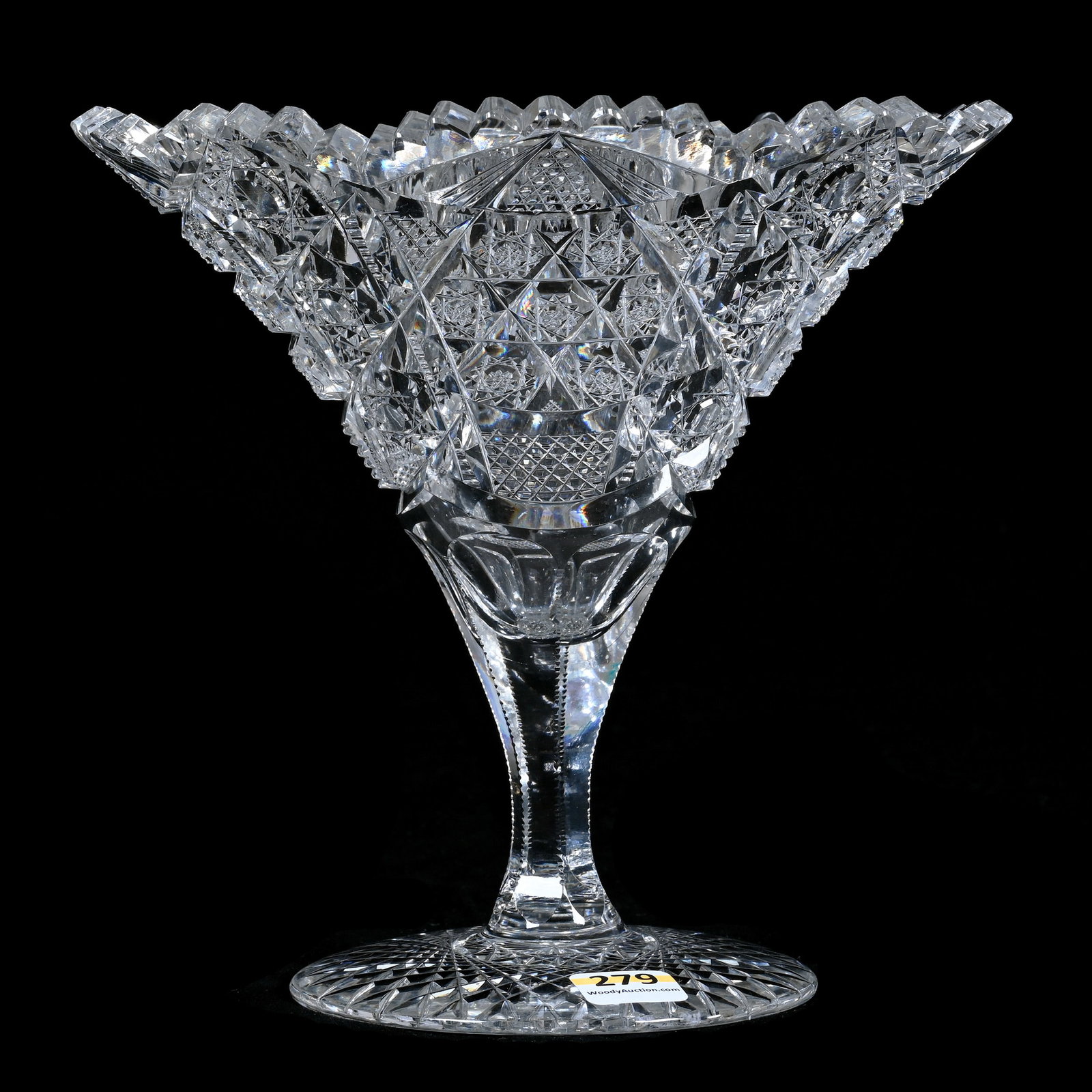Tazza, American Brilliant Cut Glass: Tazza, American Brilliant Cut Glass, 7.5 x 8 x 8 Inches, Hobstar Cluster, Clear Button Hobstars, Prism, Nailhead Diamond, And Fan Motif, Hobstar Foot, One Hard To See Outside Rim Chip, 4 Pounds, Color