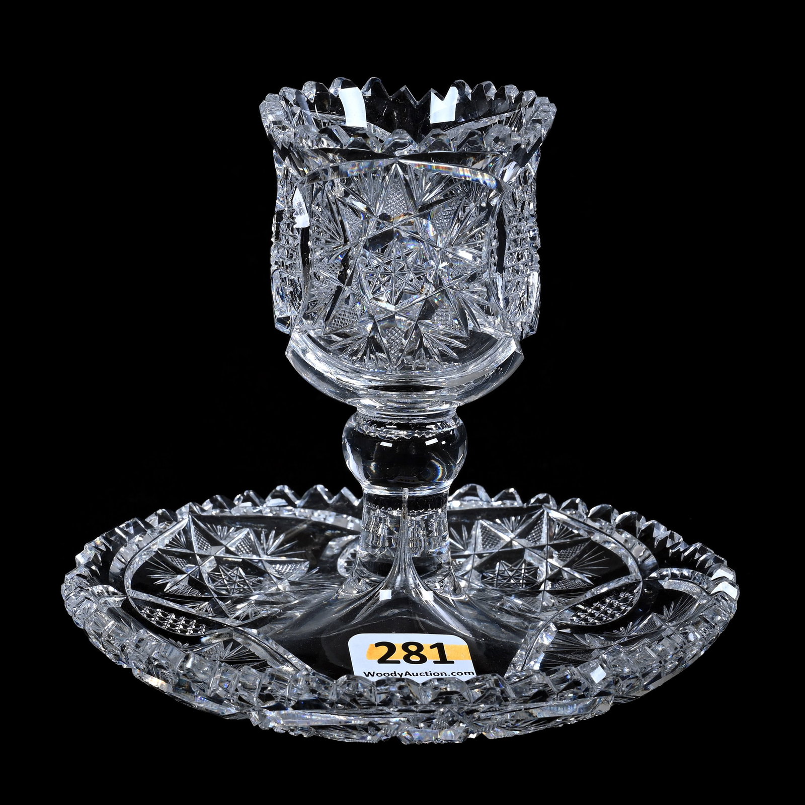 Pedestal Match Holder With Attached Tray, American Brilliant Cut Glass, Pattern No. 136 By Meriden: Pedestal Match Holder With Attached Tray, American Brilliant Cut Glass, Pattern No. 136 By Meriden, 4.25 x 5 x 5 Inches, Nice Example, 1 Pound, Colorado Private Collection.
