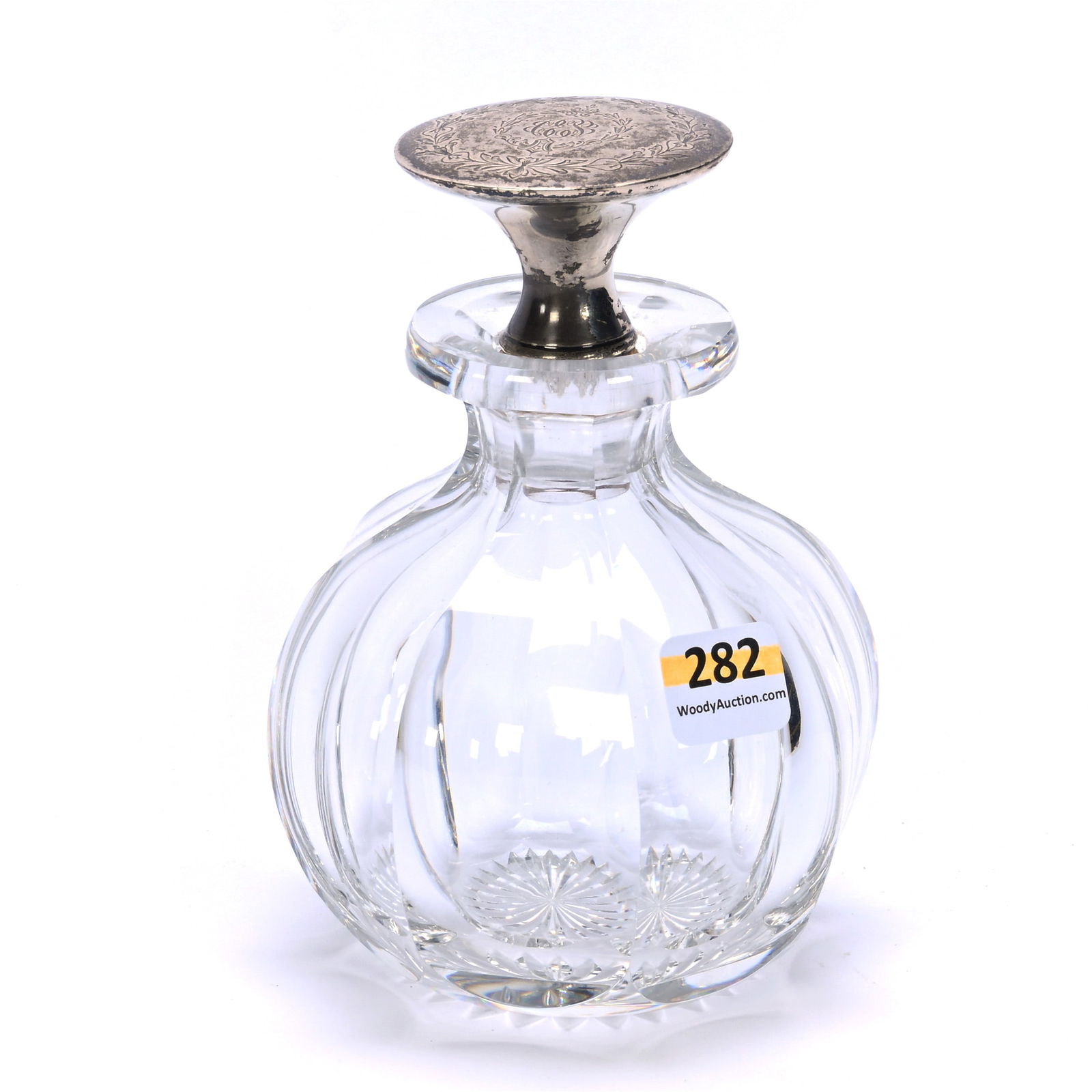 Cologne Bottle, American Brilliant Cut Glass, Flute Pattern With Ray Cut Base: Cologne Bottle, American Brilliant Cut Glass, Flute Pattern With Ray Cut Base, 5.5 x 4 x 4 Inches, Sterling Silver Stopper, Clear Blank, 2 Pounds, Colorado Private Collection.