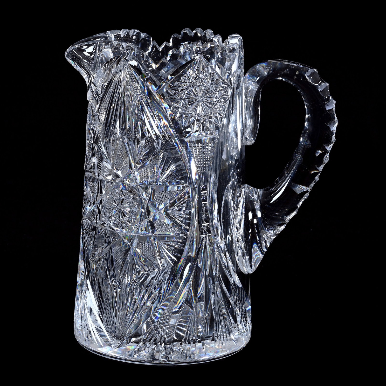 Pitcher, American Brilliant Cut Glass: Pitcher, American Brilliant Cut Glass, 8.75 x 7.5 x 4.75 Inches, Flashed Hobstar, Vesica, Prism, And Fan Motif, Triple Notched Handle, Ray Cut Base, 6 Pounds, Colorado Private Collection.