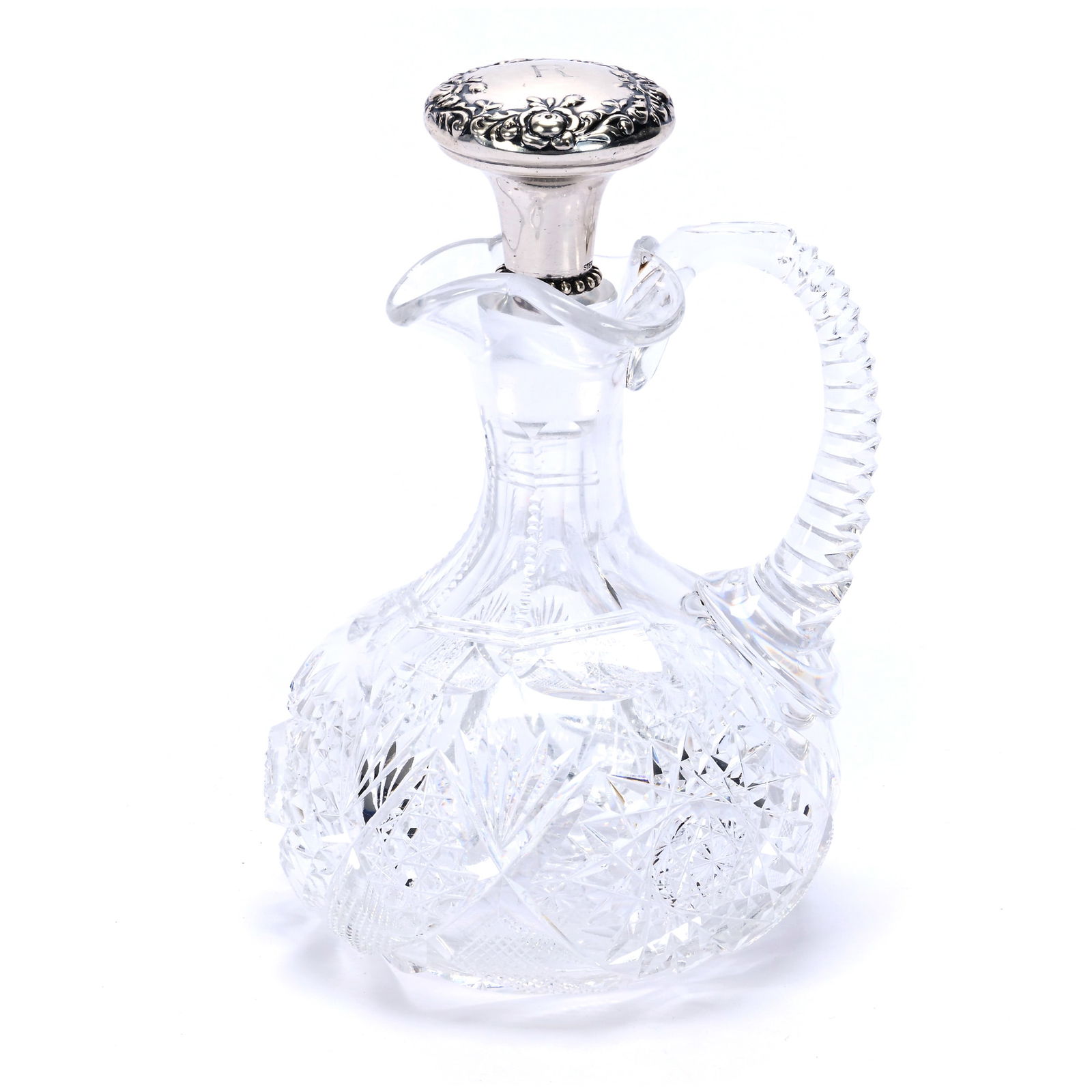 Cruet Bottle, American Brilliant Cut Glass, By Meriden: Cruet Bottle, American Brilliant Cut Glass, By Meriden, 5.5 x 3.75 x 3.5 Inches, Hobstar, Crosscutting, Nailhead Diamond, And Fan Motif, Notched Handle, Hobstar Base, Wilcox Sterling Silver Stopper Wi