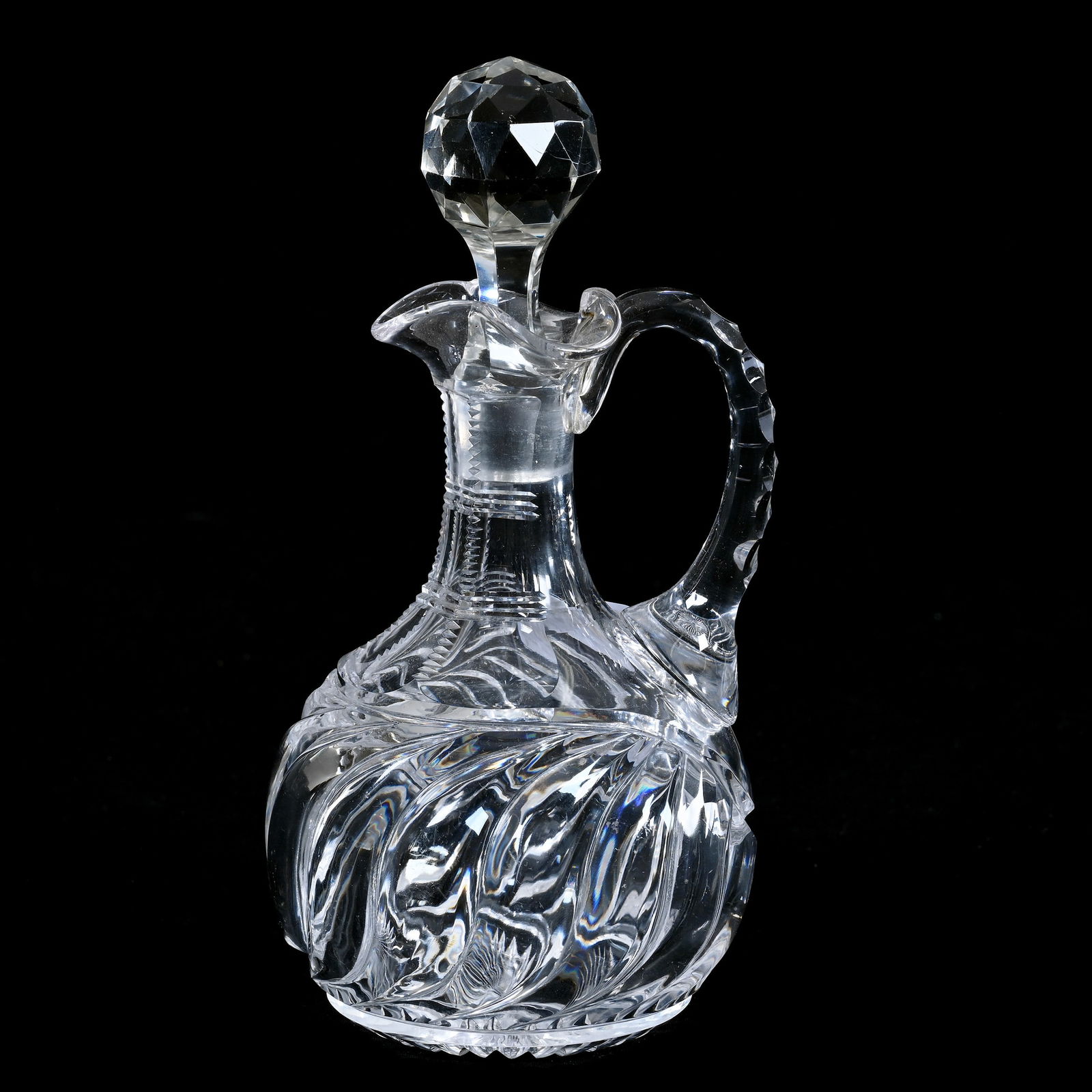Decanter, American Brilliant Cut Glass, Twin City Pattern By J. Hoare: Decanter, American Brilliant Cut Glass, Twin City Pattern By J. Hoare, 7.25 x 3.75 x 3.75 Inches, Triple Notched Handle, Ray Cut Base, 1 Pound, Colorado Private Collection.
