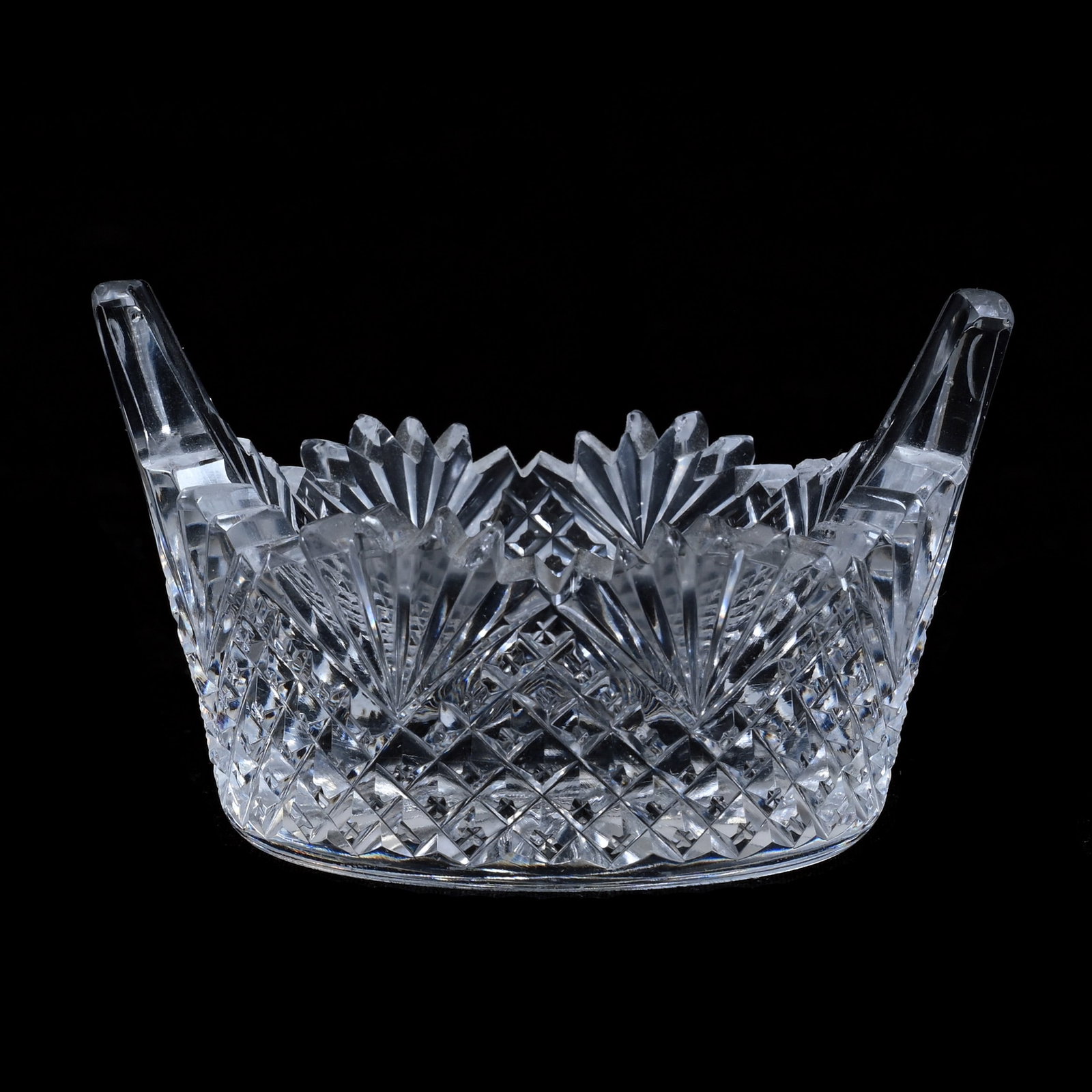 Tab Handled Salt Dip, American Brilliant Cut Glass: Tab Handled Salt Dip, American Brilliant Cut Glass, 2 x 3.5 x 3 Inches, Strawberry Diamond And Fan Pattern, 1 Pound, Colorado Private Collection.
