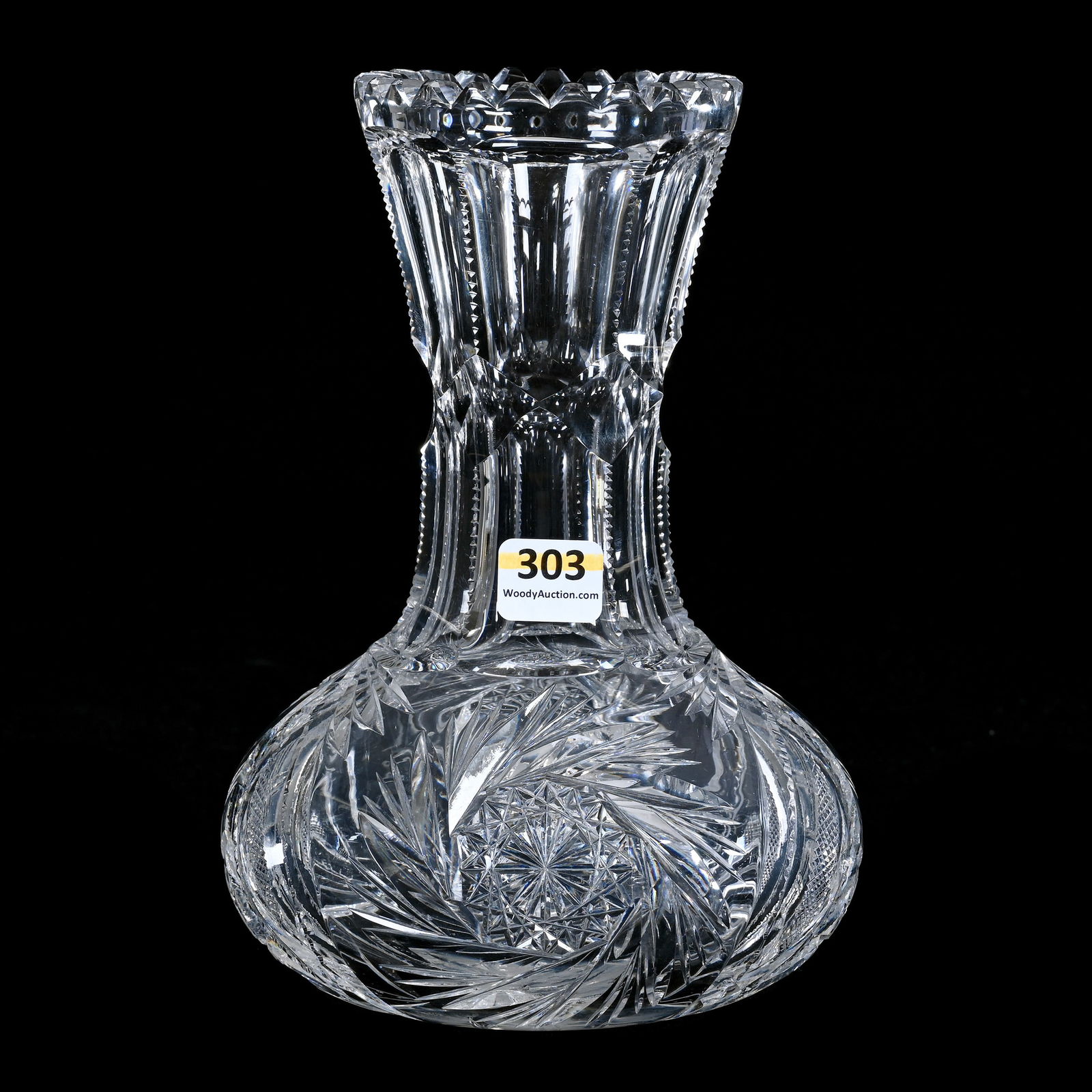 Vase, American Brilliant Cut Glass: Vase, American Brilliant Cut Glass, 8 x 5.5 x 5.5 Inches, Pinwheel, Vesica, Prism, And Cross Hatch Motif, Ray Cut Base, 3 Pounds, Colorado Private Collection.
