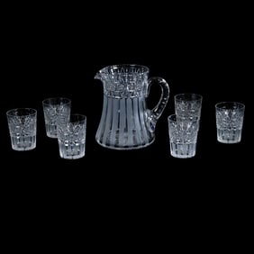 Water Set, American Brilliant Cut Glass, Signed Hawkes, Newport Pattern