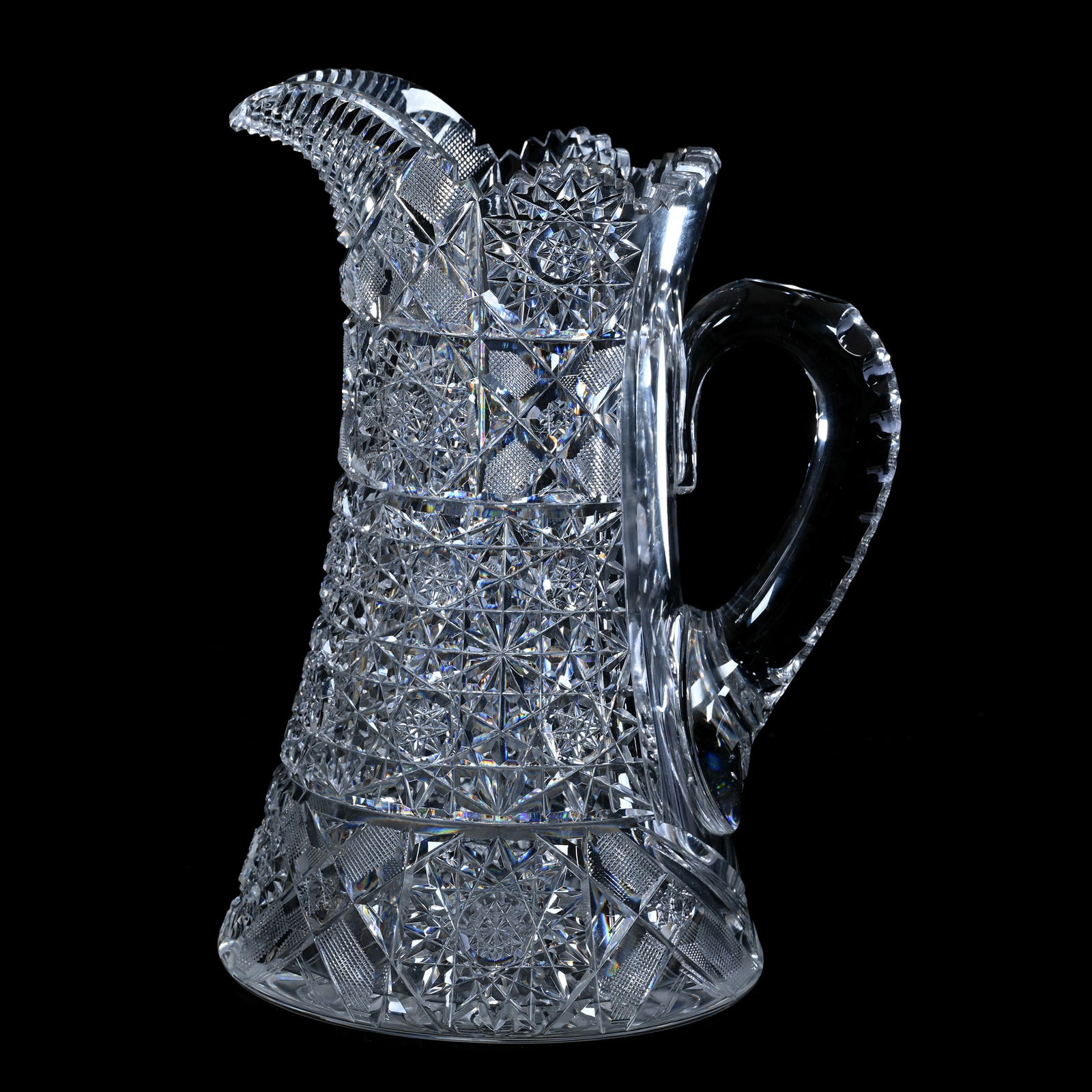 Water Pitcher, American Brilliant Cut Glass, Arcadia By Sterling: Water Pitcher, American Brilliant Cut Glass, Arcadia By Sterling, 10.5 x 7.5 x 6.25 Inches, Double Notched Handle, Ray Cut Base, Rim Chip, 6 Pounds, Colorado Private Collection.