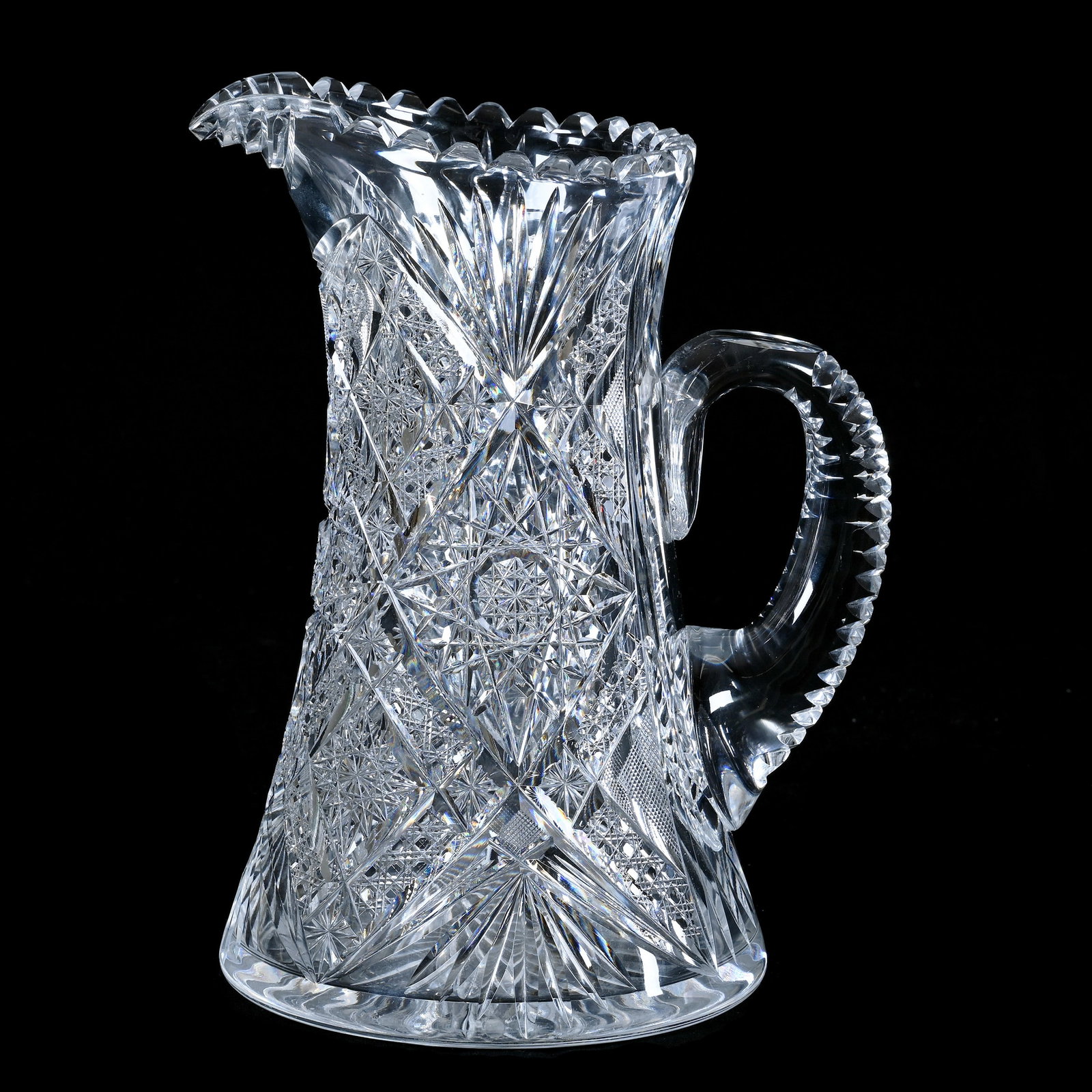 Pitcher, American Brilliant Cut Glass: Pitcher, American Brilliant Cut Glass, 10.25 x 8.5 x 6.25 Inches, Square Hobstars With Cane, Star, And Fan Highlights, Ray Cut Base, 7 Pounds, Colorado Private Collection.