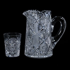 Pitcher & Tumbler Set, American Brilliant Cut Glass, Pattern Resembles #33 By Elmira