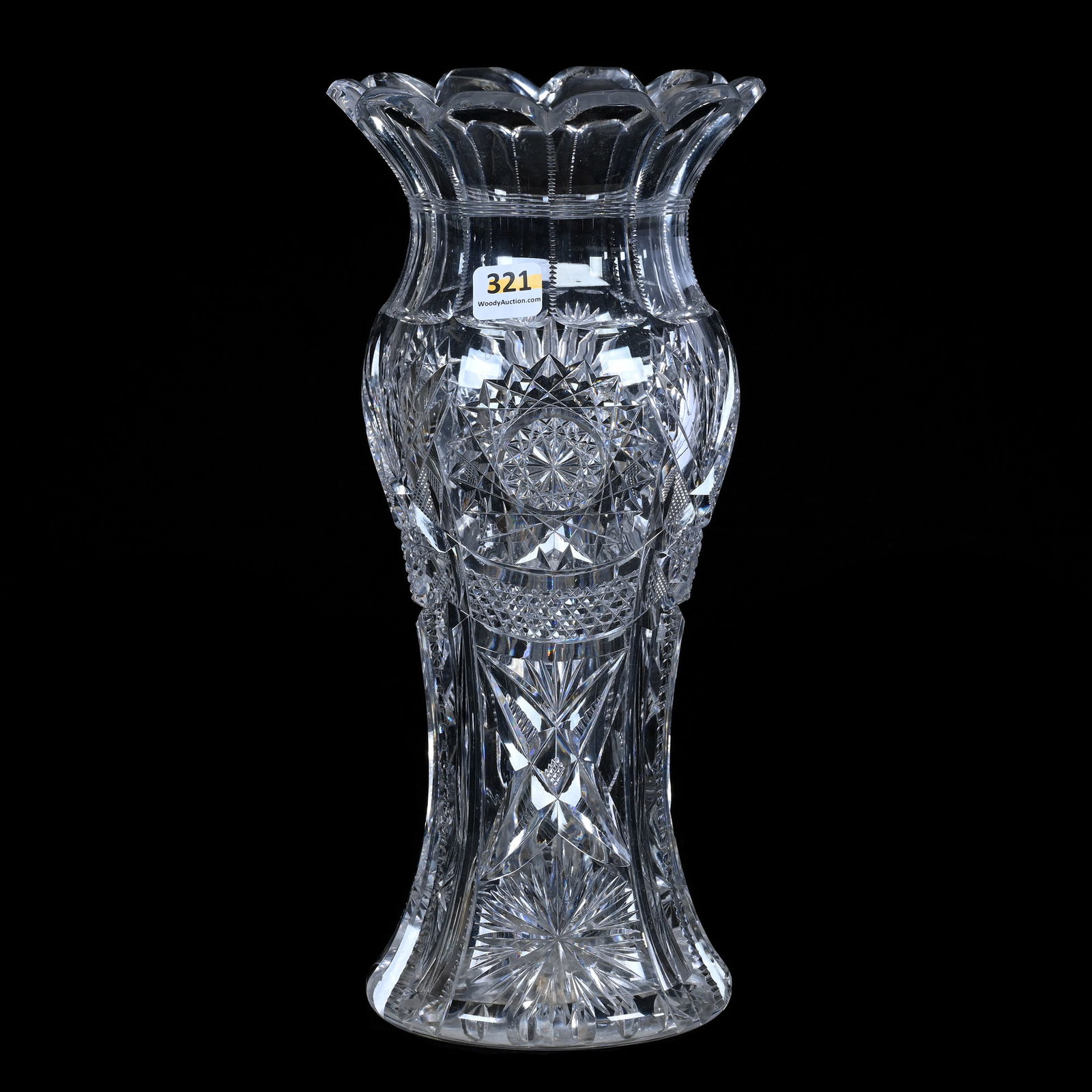 Vase, American Brilliant Cut Glass, Dorflinger Pattern #3: Vase, American Brilliant Cut Glass, Pattern #3 As Shown In Dorflinger Line Drawings, 12 x 5.5 x 5.5 Inches, Hobstar Base, Some Outside Rim Chips, 6 Pounds, Colorado Private Collection. UPDATED 1-5-26: