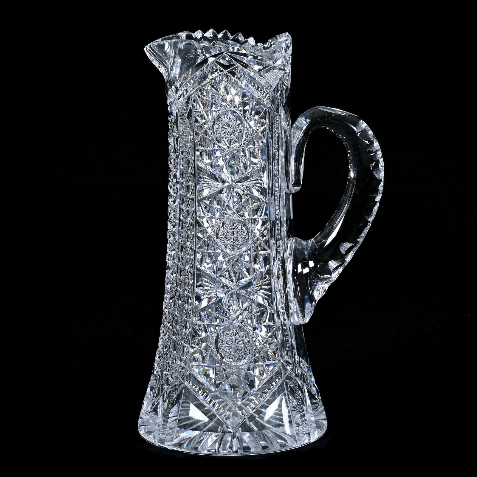 Tankard, American Brilliant Cut Glass, Alternating Panels Of Hobstar Column, Prism And Cane Motif: Tankard, American Brilliant Cut Glass, Alternating Panels Of Hobstar Column, Prism And Cane Motif, 11.25 x 6.75 x 5.25 Inches, Double Notched Handle, Ray Cut Base, 7 Pounds, Colorado Private Collectio