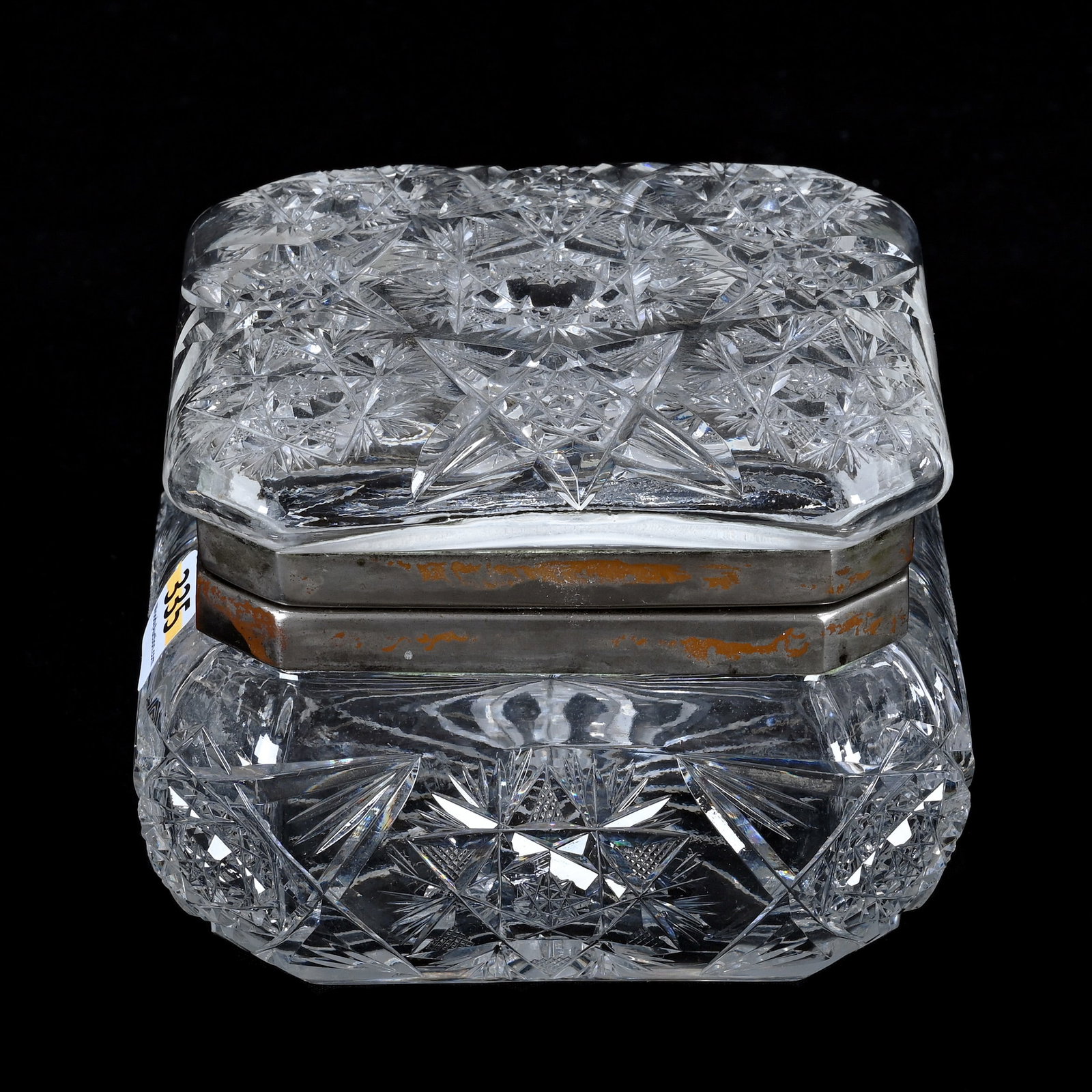 Square Jewel Box, American Brilliant Cut Glass: Square Jewel Box, American Brilliant Cut Glass, 3.75 x 5 x 5 Inches, Flashed Hobstar Motif, Ray Cut Base, 3 Pounds, Colorado Private Collection.