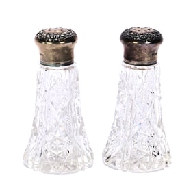 Salt & Pepper Shaker Set, American Brilliant Cut Glass, By Meriden With Wilcox Sterling Tops