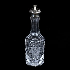 Sauce Bottle, American Brilliant Cut Glass, By Meriden, Sterling Silver Top Marked Wilcox