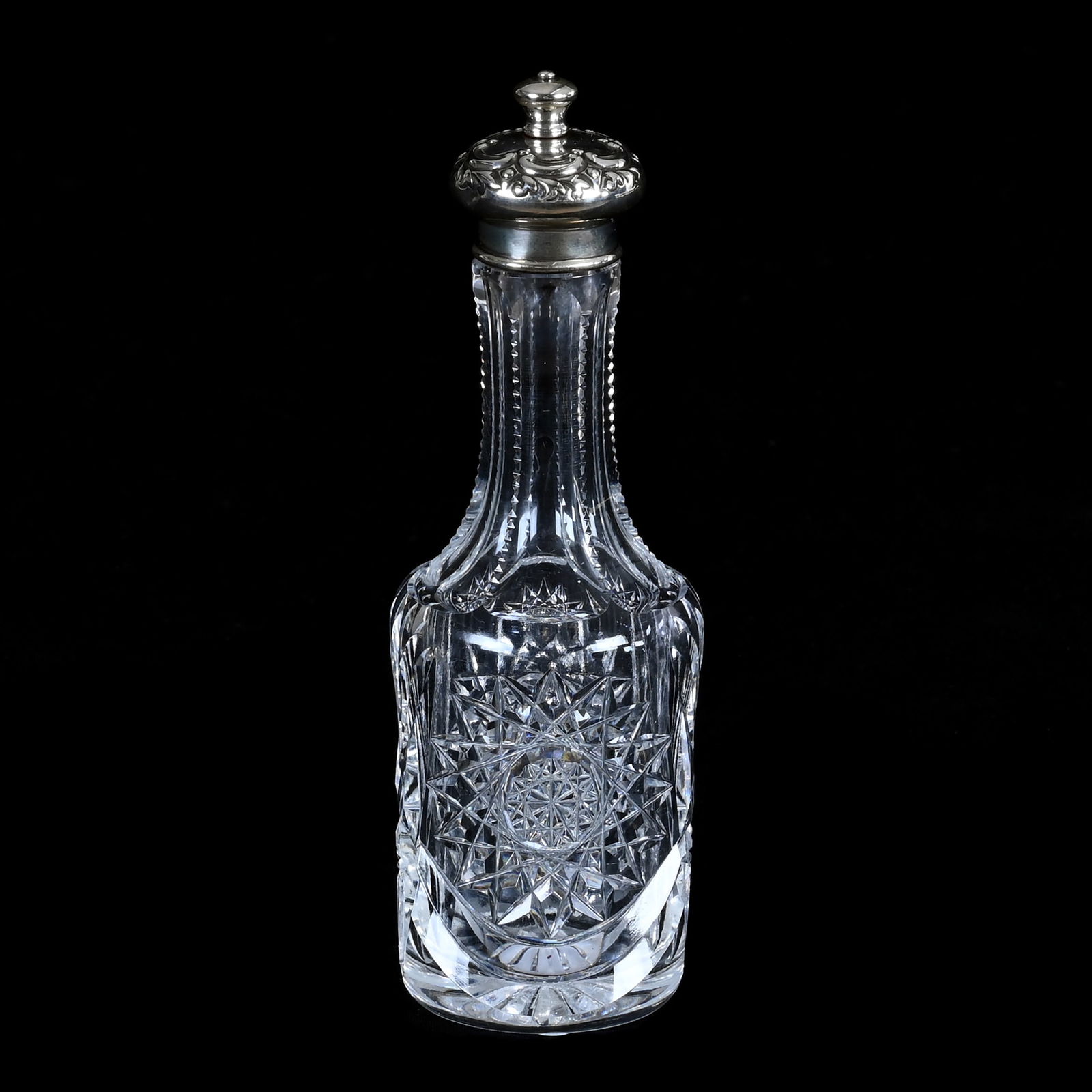 Sauce Bottle, American Brilliant Cut Glass, By Meriden, Sterling Silver Top Marked Wilcox: Sauce Bottle, American Brilliant Cut Glass, By Meriden, Sterling Silver Top Marked Wilcox, 5.5 x 1.75 x 1.75 Inches, Hobstar, Miter And Fan Motif, 1 Pound, Colorado Private Collection.