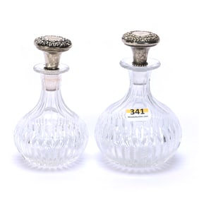 (2) Cologne Bottles, American Brilliant Cut Glass, By Meriden, Sterling Silver Stoppers Marked