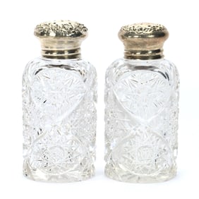 Salt & Pepper Shaker Set, American Brilliant Cut Glass, By Meriden With Sterling Silver Tops Marked