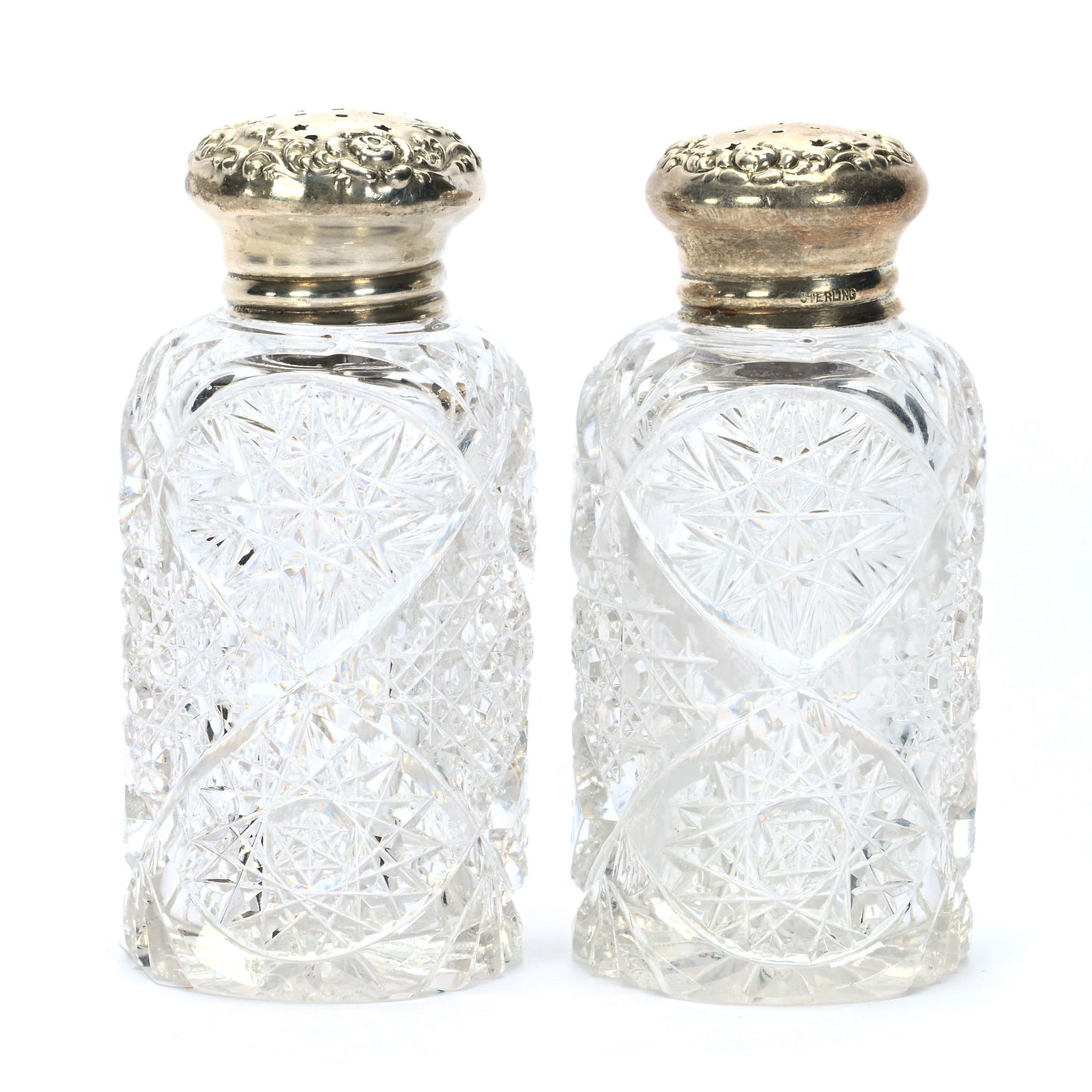 Salt & Pepper Shaker Set, American Brilliant Cut Glass, By Meriden With Sterling Silver Tops Marked (1 of 8)