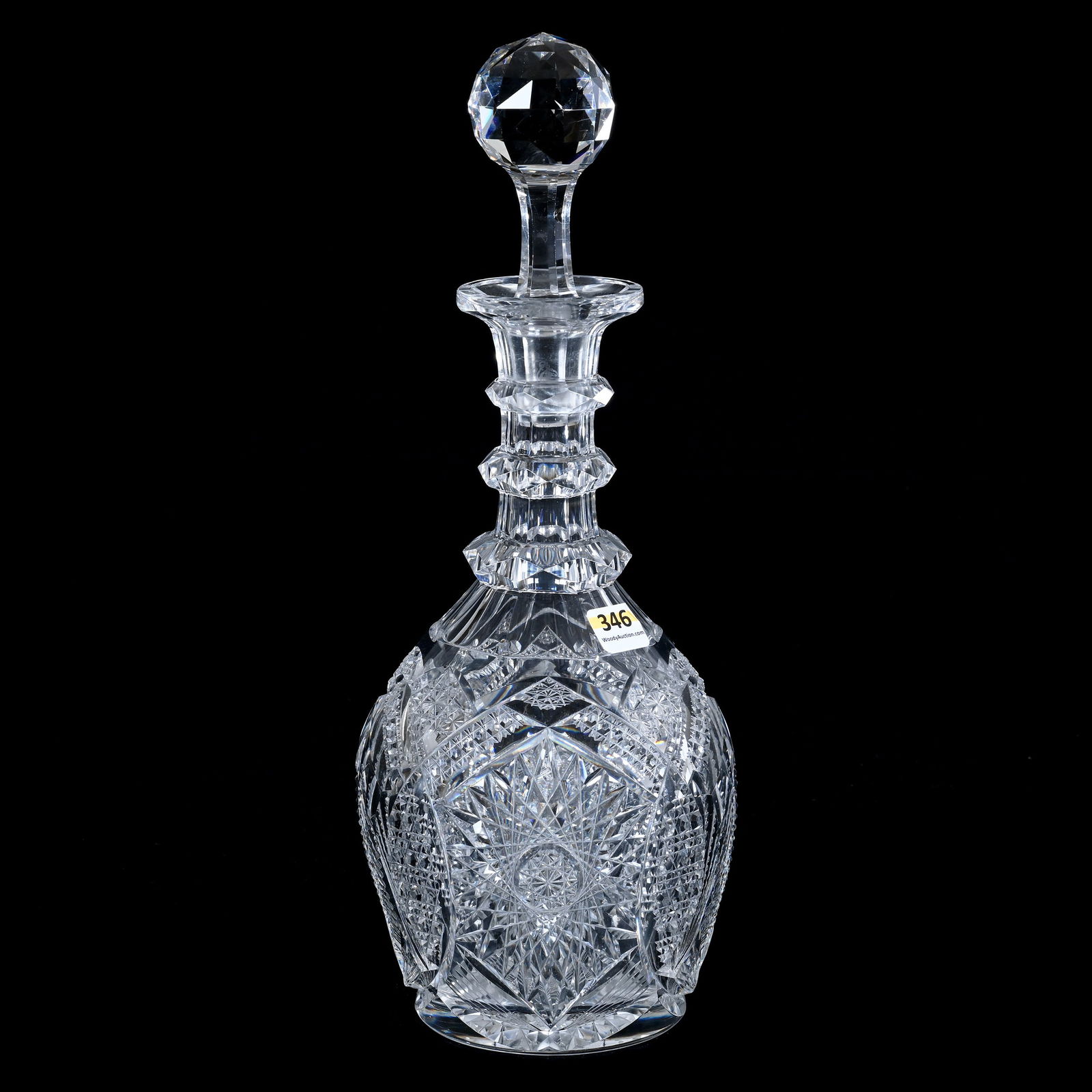 Decanter, American Brilliant Cut Glass: Decanter, American Brilliant Cut Glass, 13.5 x 5.5 x 5.5 Inches, Beautiful Design Featuring Hobstar, Vesica, Nailhead Diamond, Prism And Fan Motif, Triple Facet Cut Ring Neck, Hobstar Base, Rim Nick,
