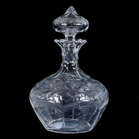 Cologne Bottle, American Brilliant Cut Glass, Signed Sinclaire Engraved Floral Pattern