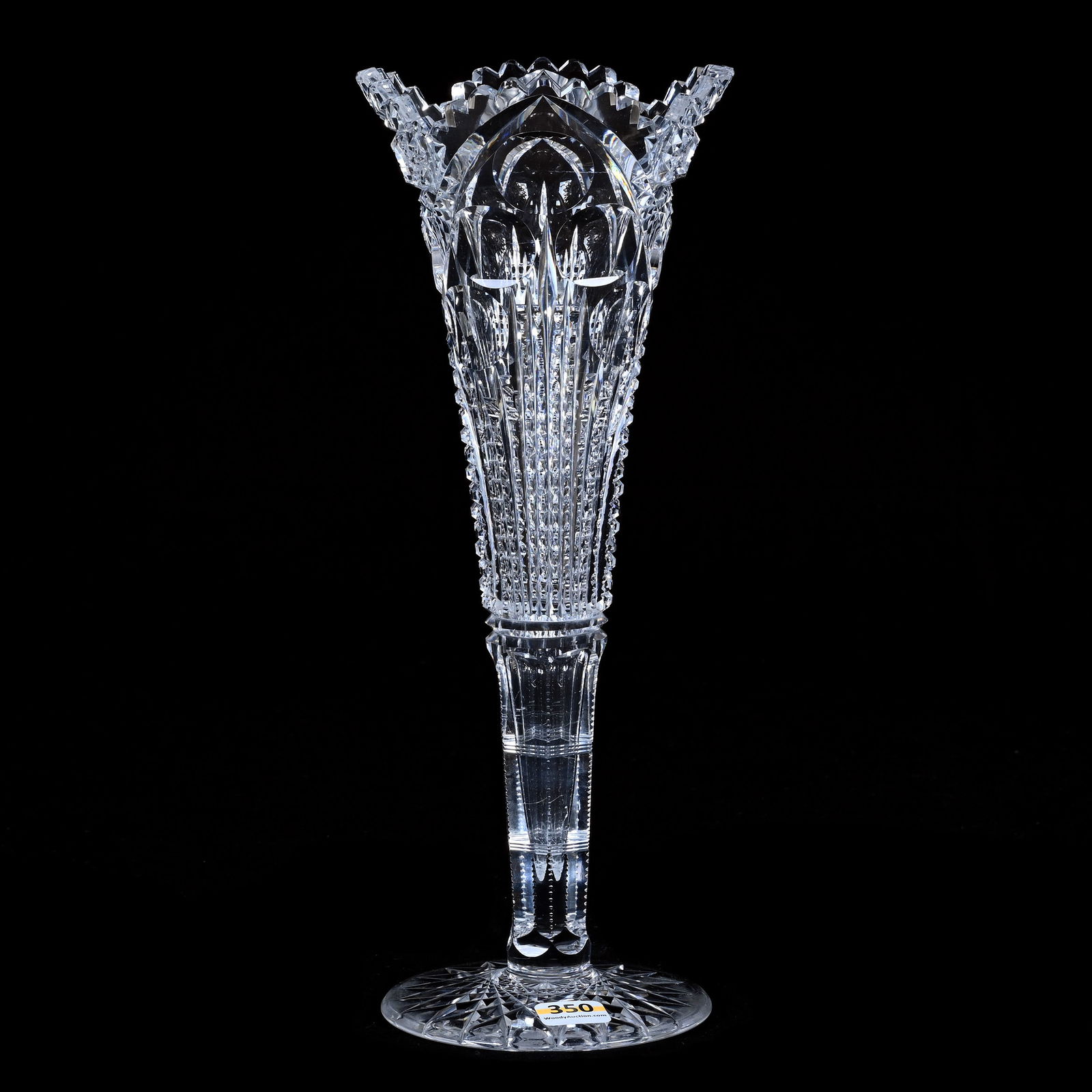 Trumpet Vase, American Brilliant Cut Glass, Hobstar, Cane, Prism And Bullseye Motif: Trumpet Vase, American Brilliant Cut Glass, Hobstar, Cane, Prism And Bullseye Motif, 12 x 4.5 x 4.5 Inches, Hobstar Foot, Clear Blank, 3 Pounds, Colorado Private Collection.