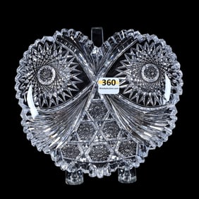 Plate, American Brilliant Cut Glass, Heart Shape With Hobstar, Cluster & Fan Motif Giving Appearance