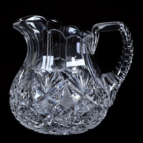 Jug Pitcher, American Brilliant Cut Glass, Hobstar, Crosscutting, Star And Fan Motif