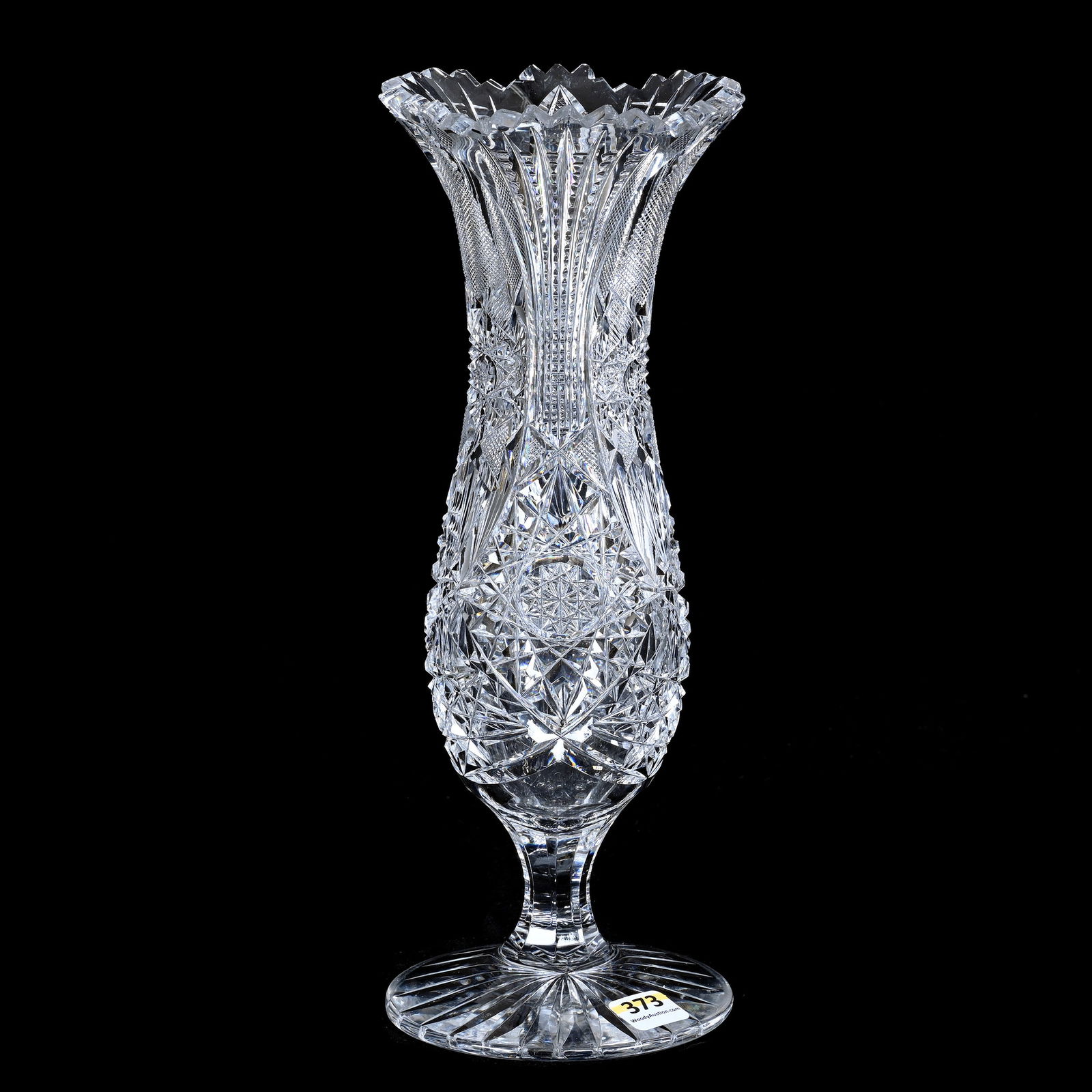 Pedestal Vase, American Brilliant Cut Glass, Hobstar, Vesica, Crosscutting, Prism & Fan Motif: Pedestal Vase, American Brilliant Cut Glass, Hobstar, Vesica, Crosscutting, Prism & Fan Motif, 11.75 x 4.5 x 4.5 Inches, Ray Cut Foot, 3 Pounds, Colorado Private Collection.