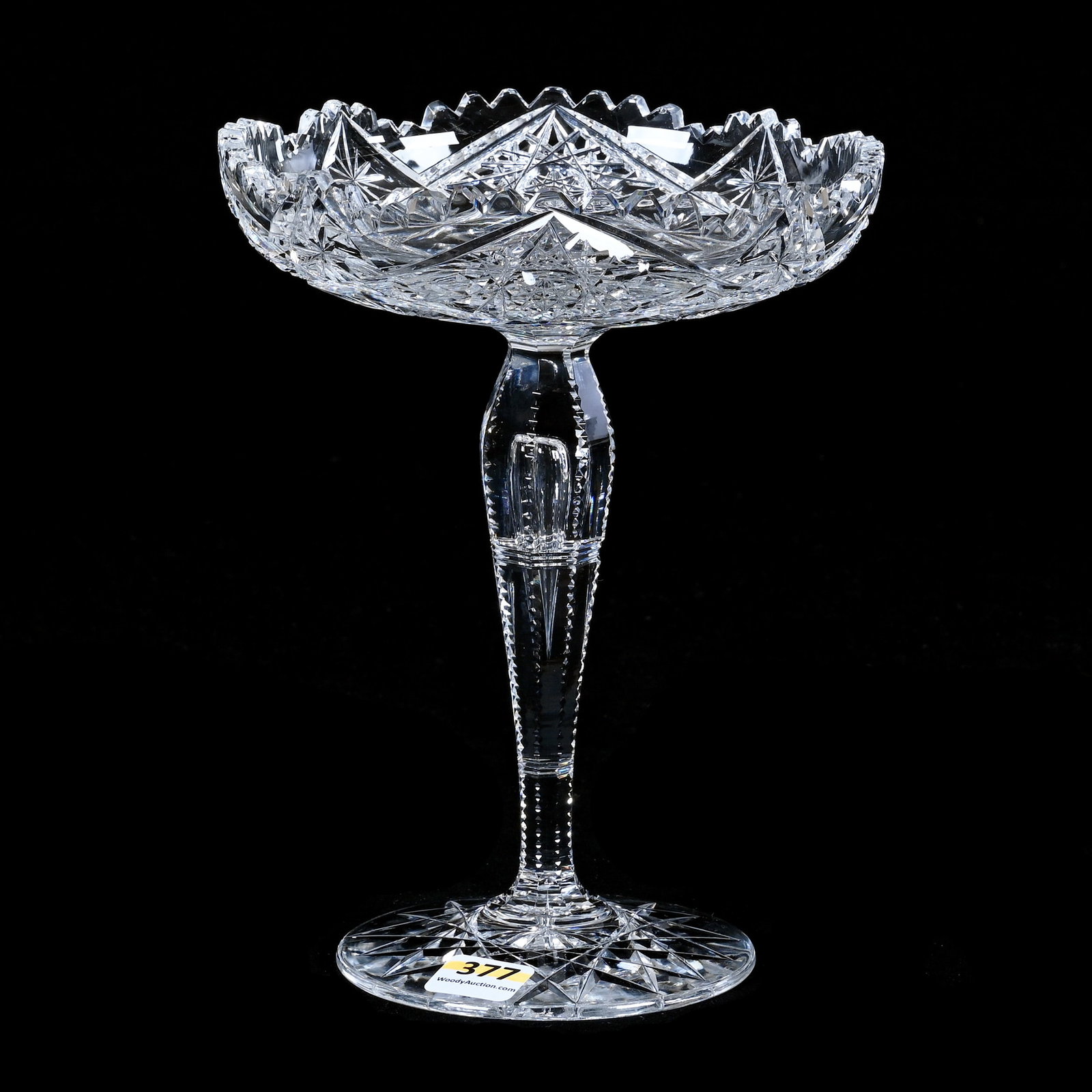 Compote, American Brilliant Cut Glass, Hobstar, Star And Fan Motif: Compote, American Brilliant Cut Glass, Hobstar, Star And Fan Motif, 7.75 x 6 x 6 Inches, Notched Teardrop Stem, Hobstar Foot, 2 Pounds, Colorado Private Collection.