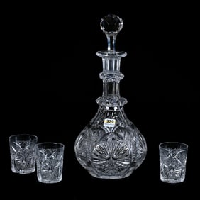 Decanter Set, American Brilliant Cut Glass, Sunburst Pattern