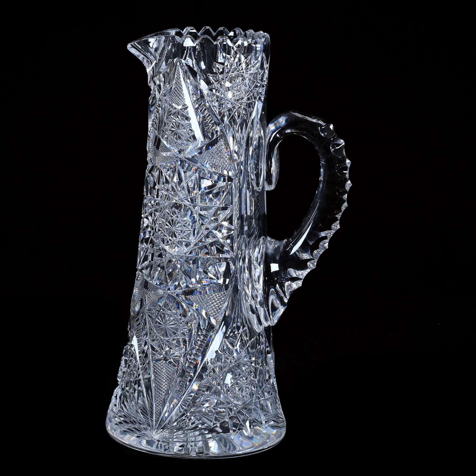 Tankard, American Brilliant Cut Glass, Hobstar, Vesica, Crosscutting & Fan Motif: Tankard, American Brilliant Cut Glass, Hobstar, Vesica, Crosscutting & Fan Motif, 11.25 x 6.5 x 5 Inches, Triple Notched Handle, Ray Cut Base, 6 Pounds, New York Private Collection.