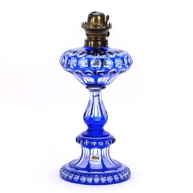Kerosene Oil Lamp, Brilliant Period Cut Glass, Blue Cut To Clear