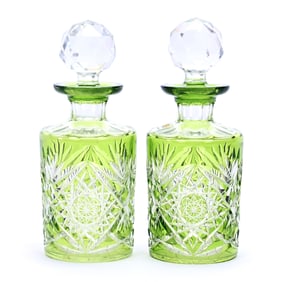 Pair Cologne Bottles, Brilliant Period Cut Glass, Green Cut To Clear, Pattern #3863/17 By Val St.