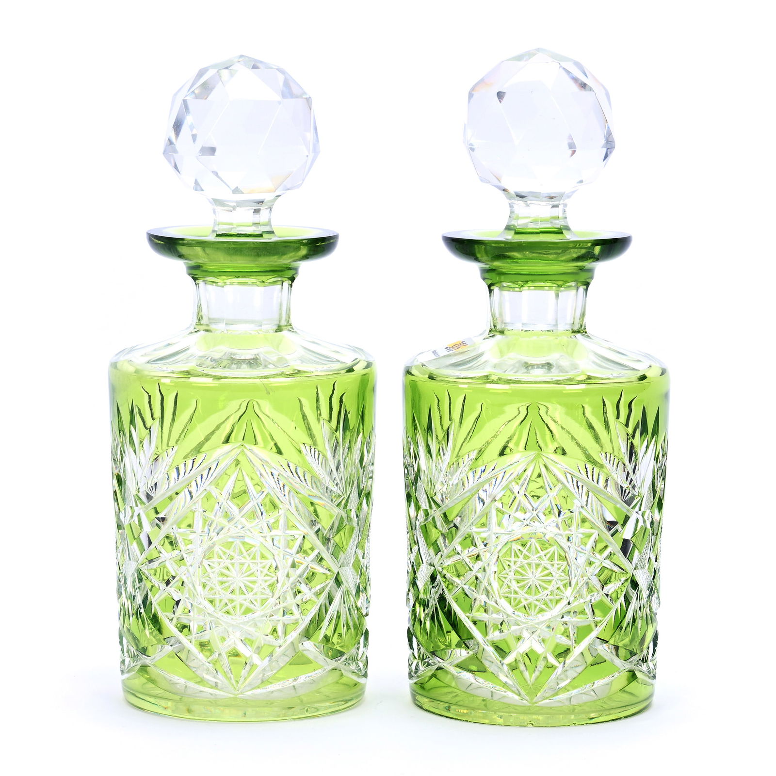 Pair Cologne Bottles, Brilliant Period Cut Glass, Green Cut To Clear, Pattern #3863/17 By Val St. (1 of 4)