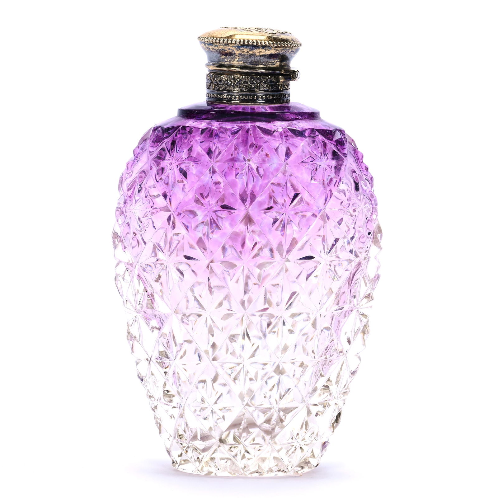 Pocket Flask, Brilliant Period Cut Glass, Amethyst Shading To Clear, Star Diamond Motif (1 of 2)
