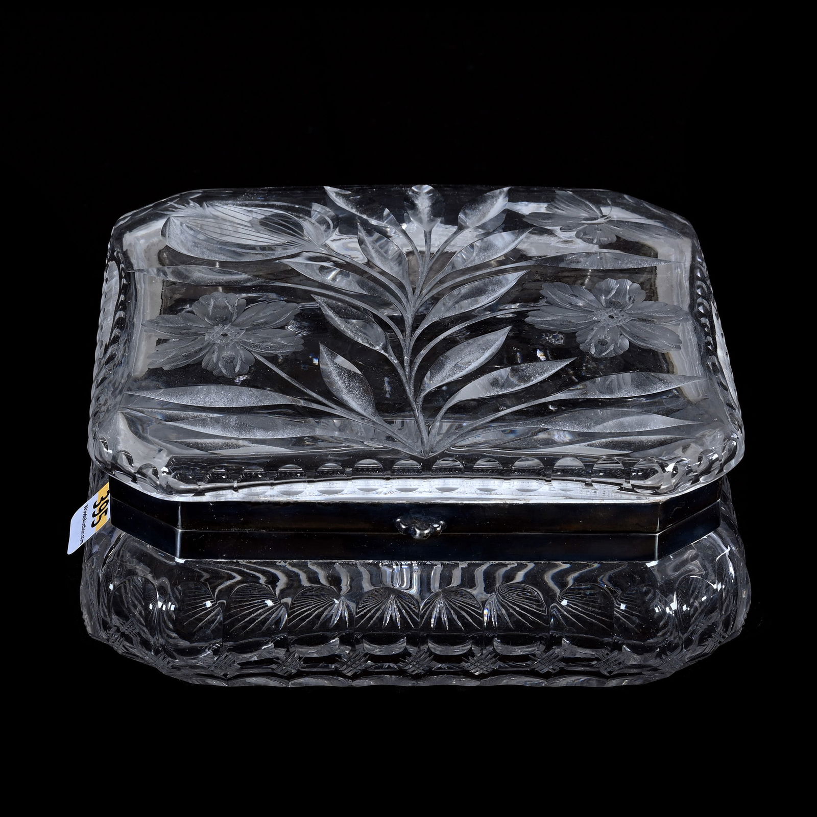 Square Dresser Box, American Brilliant Cut Glass, Murillo Pattern By Pairpoint: Square Dresser Box, American Brilliant Cut Glass, Murillo Pattern By Pairpoint, 3.25 x 6.75 x 6.75 Inches, Ray Cut Base, 5 Pounds, New York Private Collection.