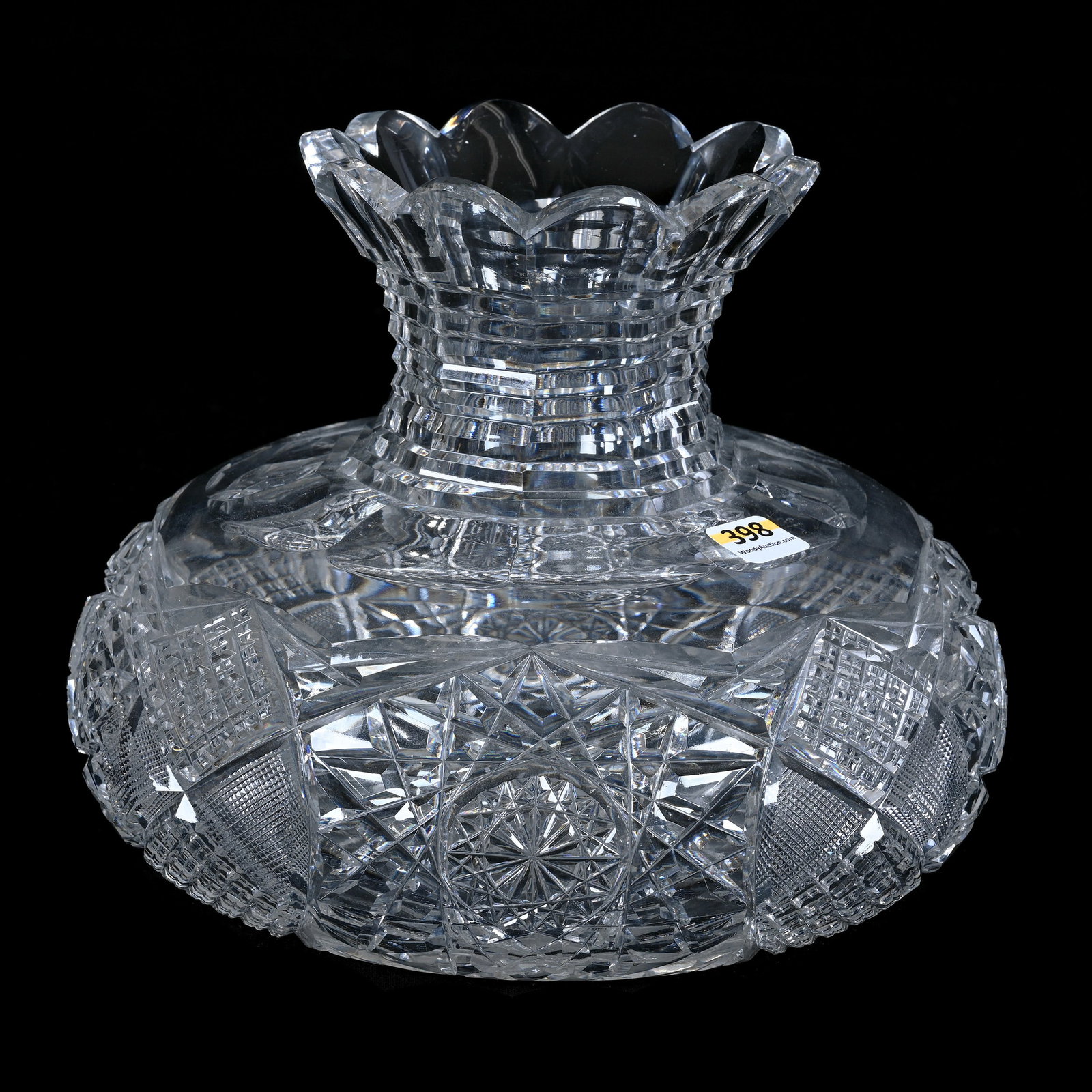 Flower Center, American Brilliant Cut Glass: Flower Center, American Brilliant Cut Glass, 7.25 x 9 x 9 Inches, Four Alternating Sections Of Hobstar, Vesica, Crosscutting, Crosscut Diamond & Fan Motif, Hobstar Base, Step Cut Neck, 7 Pounds, New Y