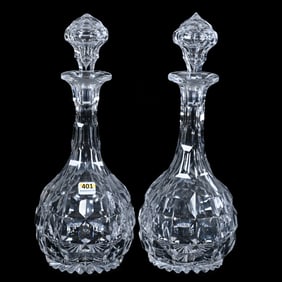 Pair Decanters, American Brilliant Cut Glass, Unique Beveled Block Design