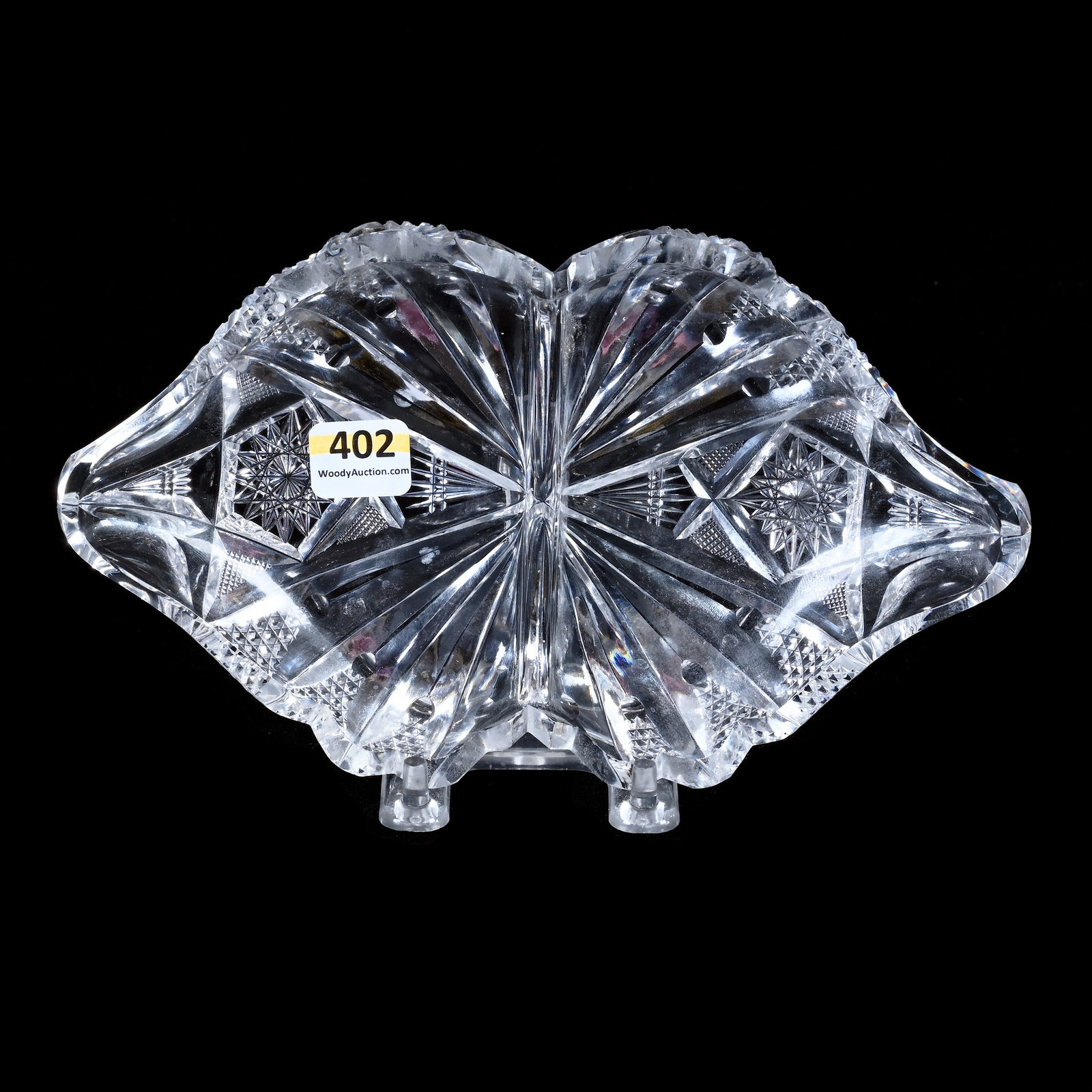 Divided Bonbon, American Brilliant Cut Glass, Signed Libbey: Divided Bonbon, American Brilliant Cut Glass, Signed Libbey, 1.5 x 8.25 x 5 Inches, Hobstar, Nailhead Diamond, Crosscutting And Fan Motif, Unique Form, 2 Pounds, New York Private Collection.