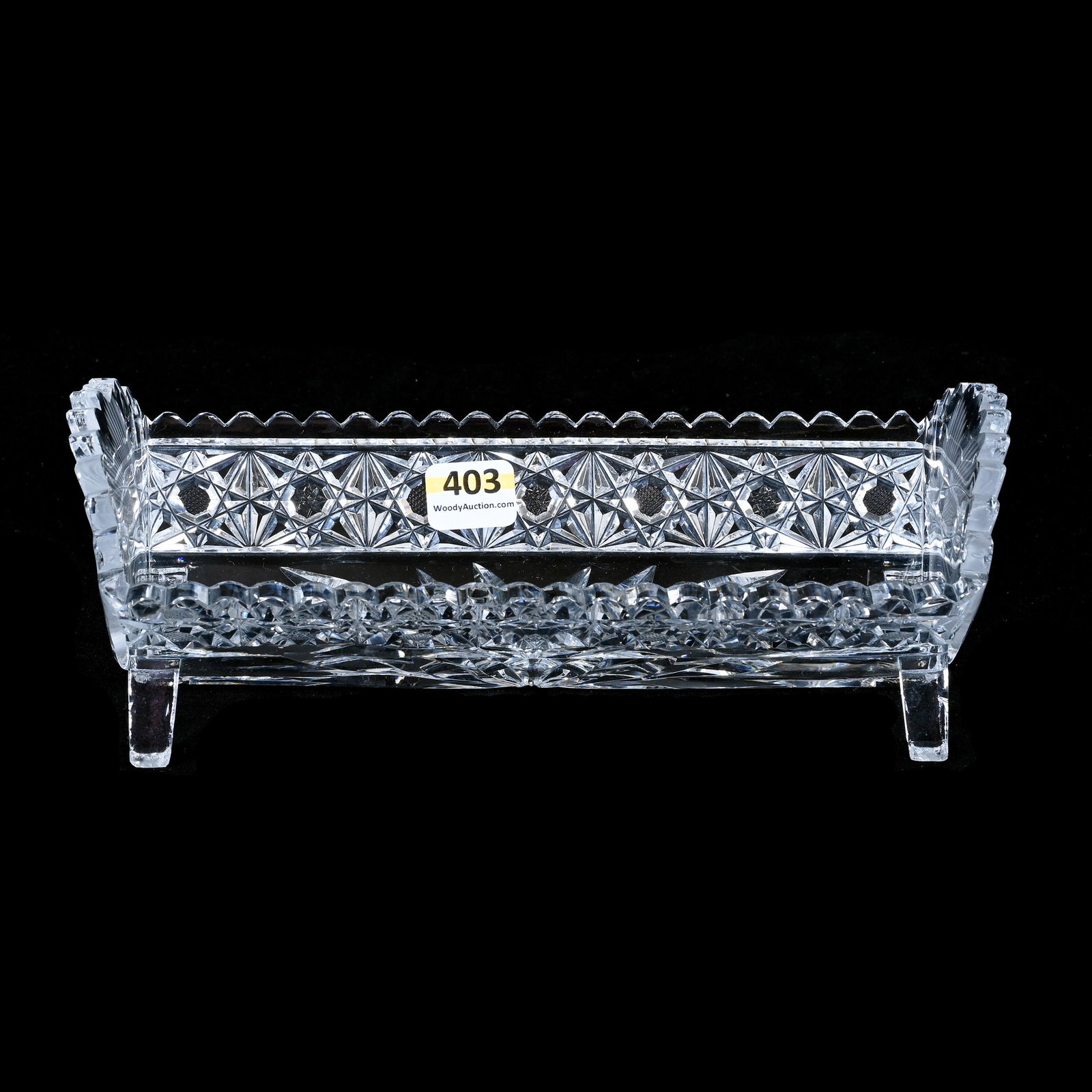 Footed Trough Biscuit Holder, ABCG, Hobstar Border, Engraved Floral Highlights: Footed Trough Shaped Biscuit Holder As Described In Roden Catalog, American Brilliant Cut Glass, Hobstar Border, Engraved Floral Highlights, 3.25 x 9 x 4.75 Inches, One Tooth Chip, 2 Pounds, New York 