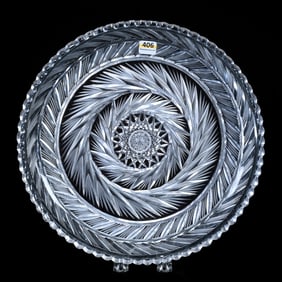 Round Tray, Cut Glass, Pinwheel Design With Frosted Miter Highlights