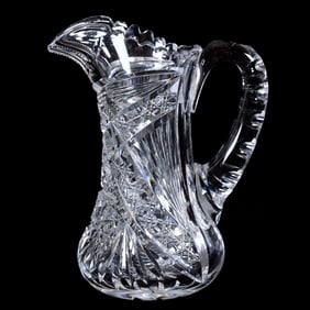 Pitcher, American Brilliant Cut Glass, Hobstar, Cane, Crosscutting, Star And Fan Motif