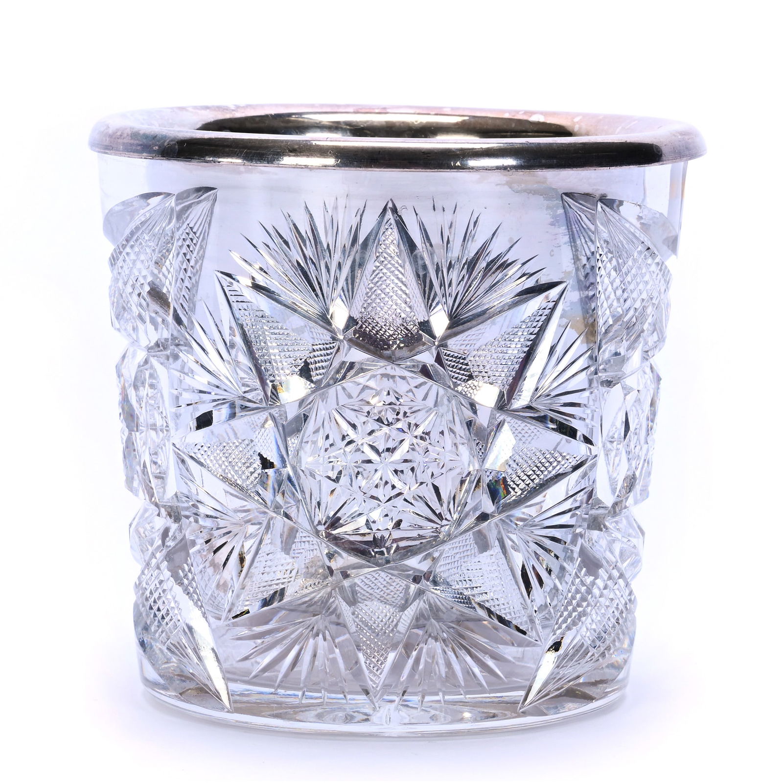 Flower Pot With Original Liner, American Brilliant Cut Glass: Flower Pot With Original Liner, American Brilliant Cut Glass, 4 x 4.25 x 4.25 Inches, Plymouth Pattern By Meriden, Ray Cut Base, 2 Pounds, New York Private Collection.