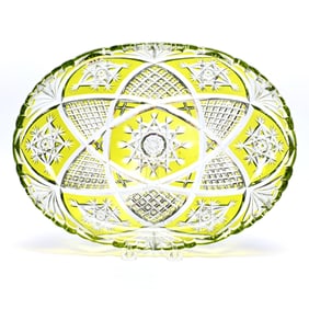 Oval Tray, Brilliant Period Cut Glass, Green Cut To Clear