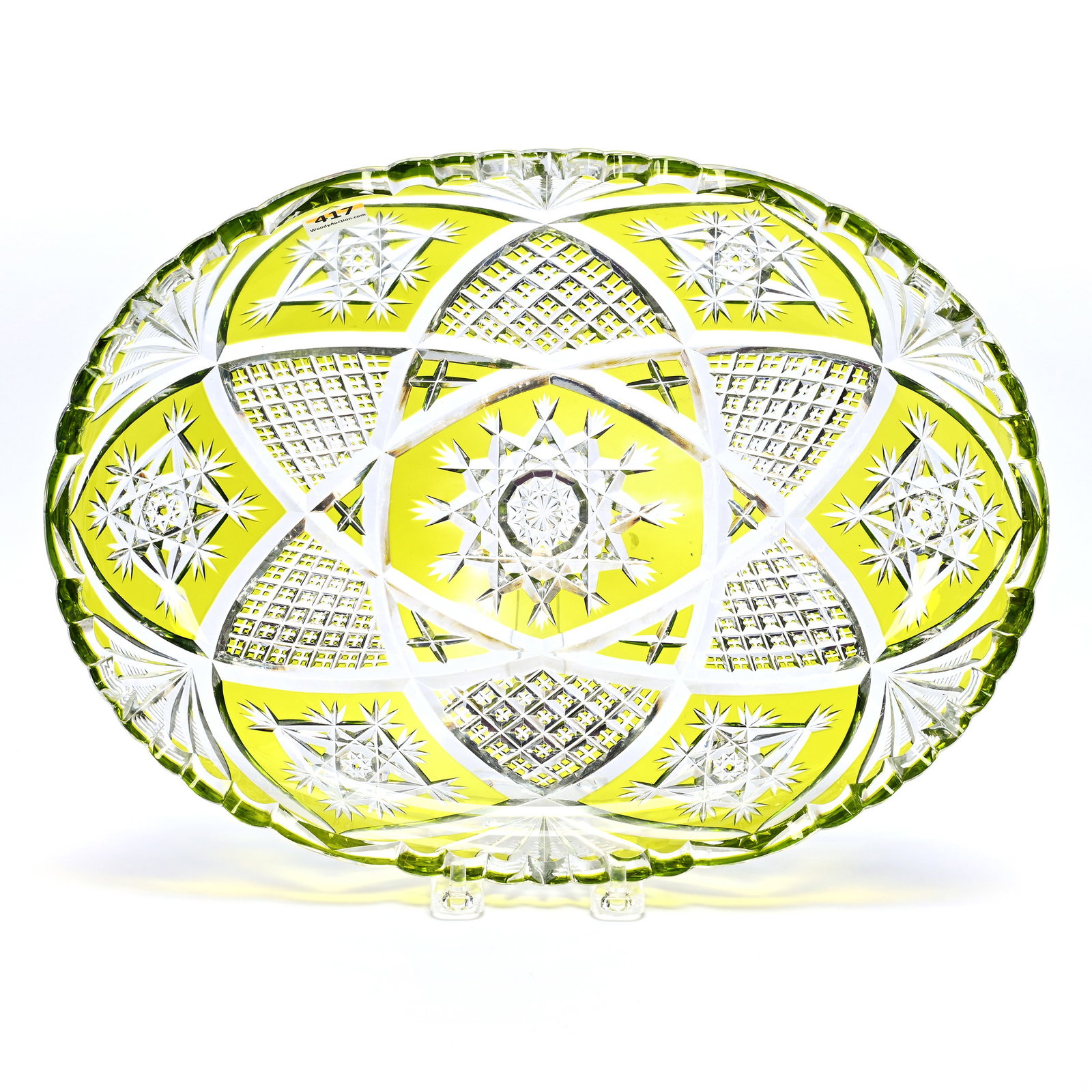 Oval Tray, Brilliant Period Cut Glass, Green Cut To Clear: Oval Tray, Brilliant Period Cut Glass, Green Cut To Clear, 2 x 13.75 x 10 Inches, Attributed To Val St. Lambert, Flashed Hobstar, Quartered Diamond And Notched Fan Motif, 6 Pounds, New York Private Co