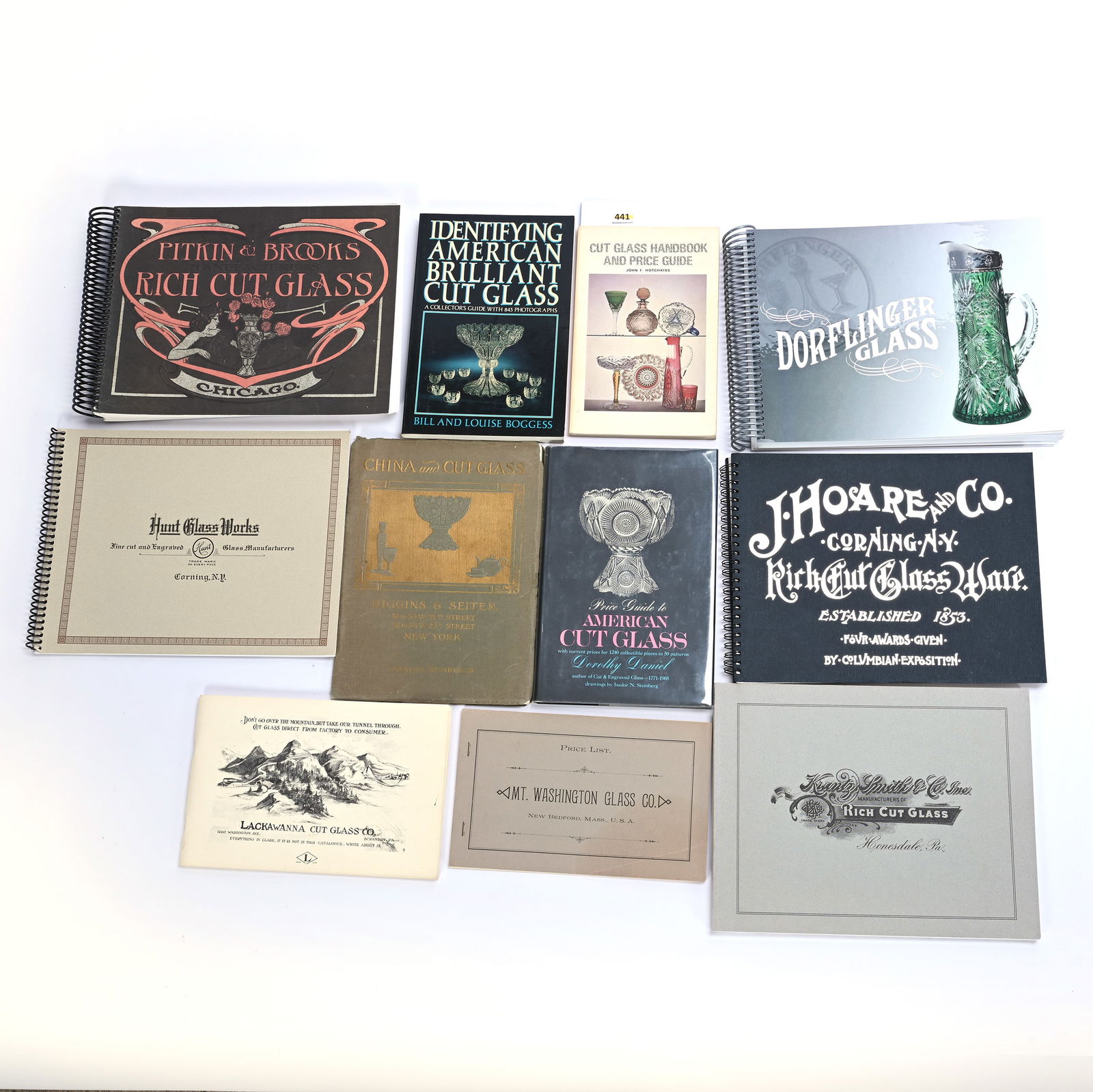 (7) Books/Catalogs On Cut Glass: (7) Books/Catalogs On Cut Glass, 5.5 x 12 x 9 Inches, (1) Cut Glass Handbook & Price Guide By John F. Hotchkiss, 1970, (1) Identifying American Brilliant Cut Glass By Bill & Louis Boggess, 1984, (1) P